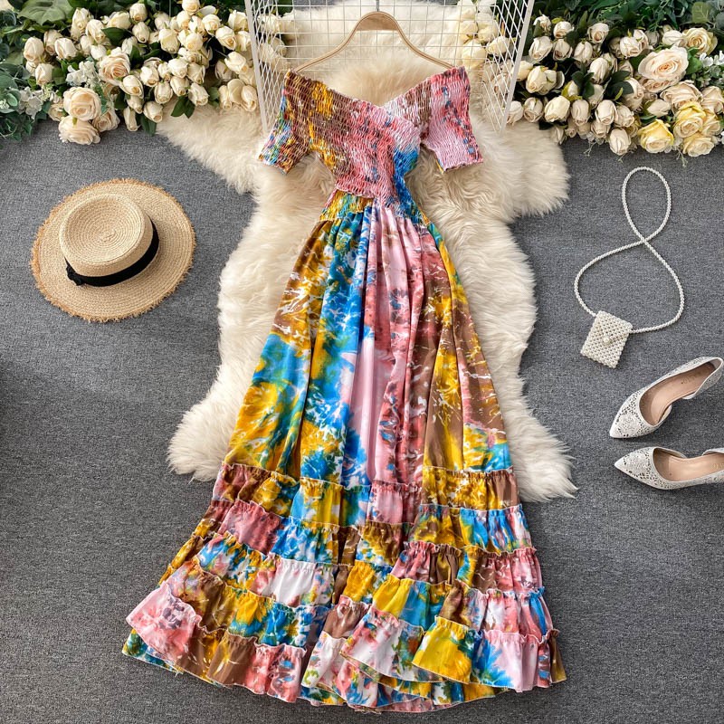 Đầm maxi hoa váy đuôi cá cổ áo trễ vai cách điệu