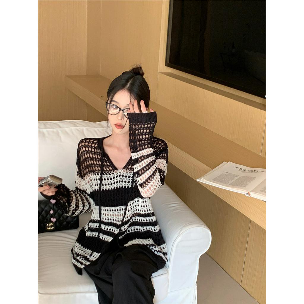 Áo Sweater Dệt Kim Chống Nắng Dáng Rộng Họa Tiết Kẻ Sọc Trắng Đen Phong Cách Retro Phương Tây