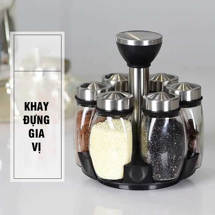 Bộ Đựng Gia Vị Gồm 1 Khay Và 6 Hũ Đựng Thủy Tinh Kiểu Dáng Sang Trọng Cao Cấp