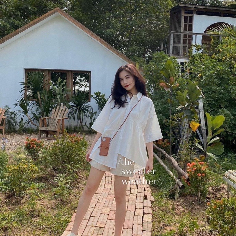 Áo sơ mi ngắn tay tay phồng phom babydoll phong cách nàng thơ dành cho nữ | BigBuy360 - bigbuy360.vn