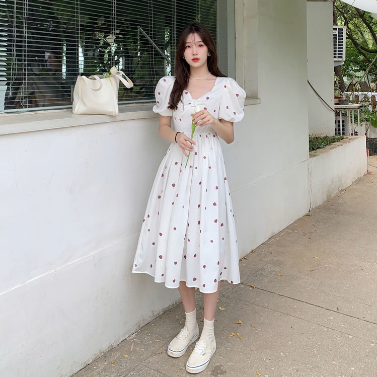 Đầm Chữ A Tay Ngắn Phồng Cổ Chữ V Ngọt Ngào Phong Cách Nhật Bản Thời Trang Mùa Hè Mới