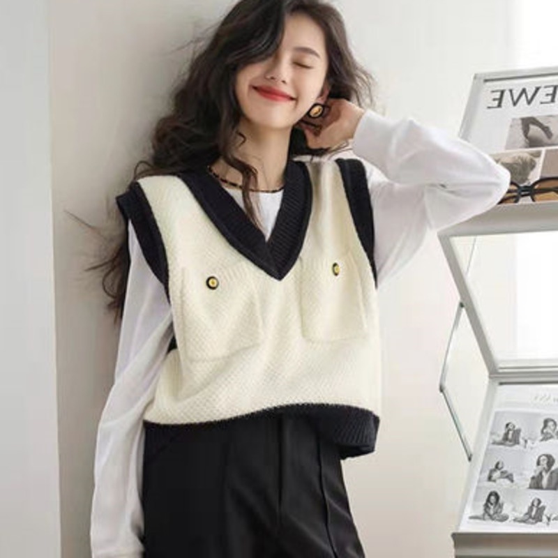 Áo Vest Dệt Kim Màu Sắc Tương Phản 205744 Áo Len Không Tay Cổ Chữ v Dáng Rộng Màu Sắc Hợp Thời Trang