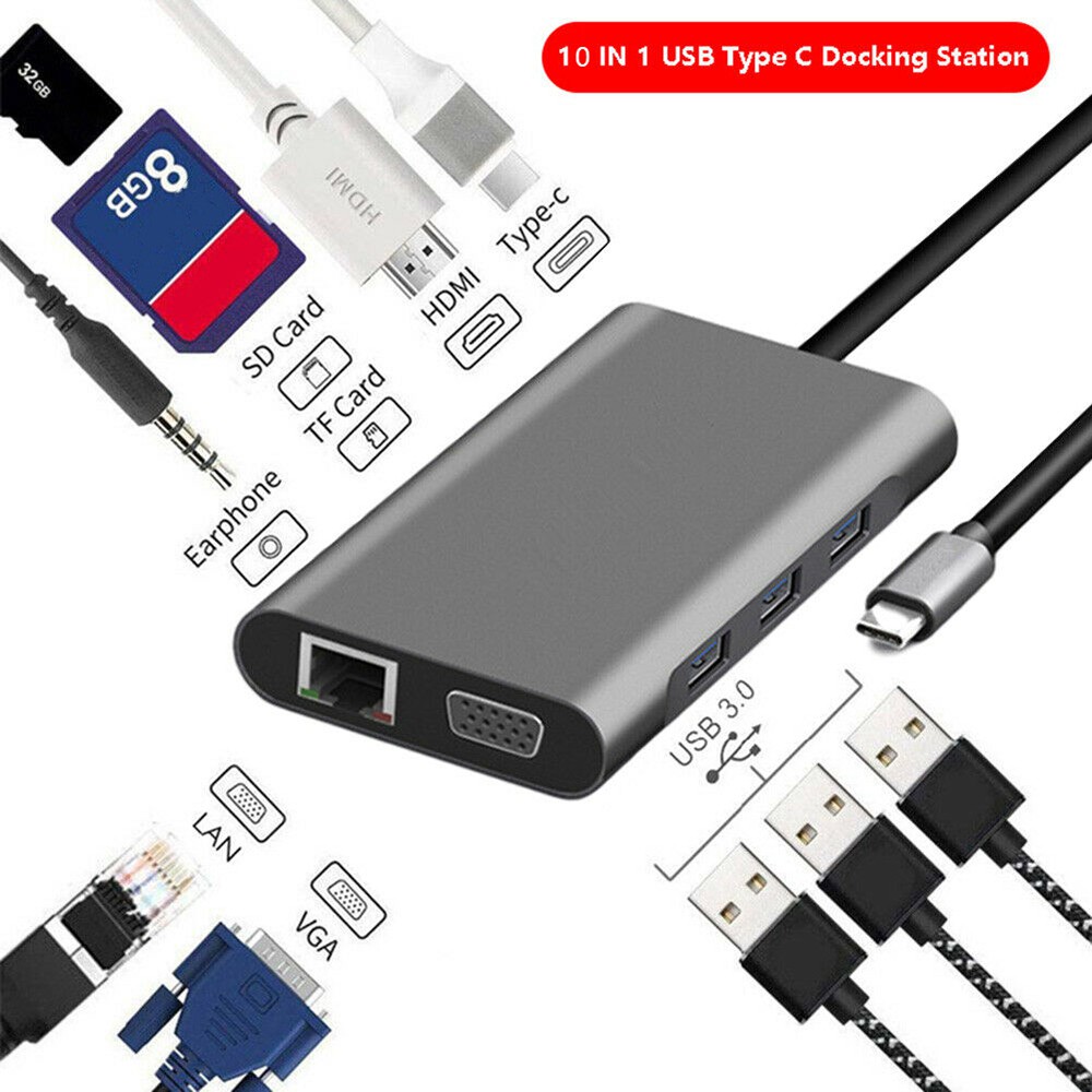 Bộ chuyển đổi hub 10 trong 1 USB type C to USB3.0  / HDMI / PD / RJ45 / SD / TF card / VGA / Audio 3.5 10 in 1
