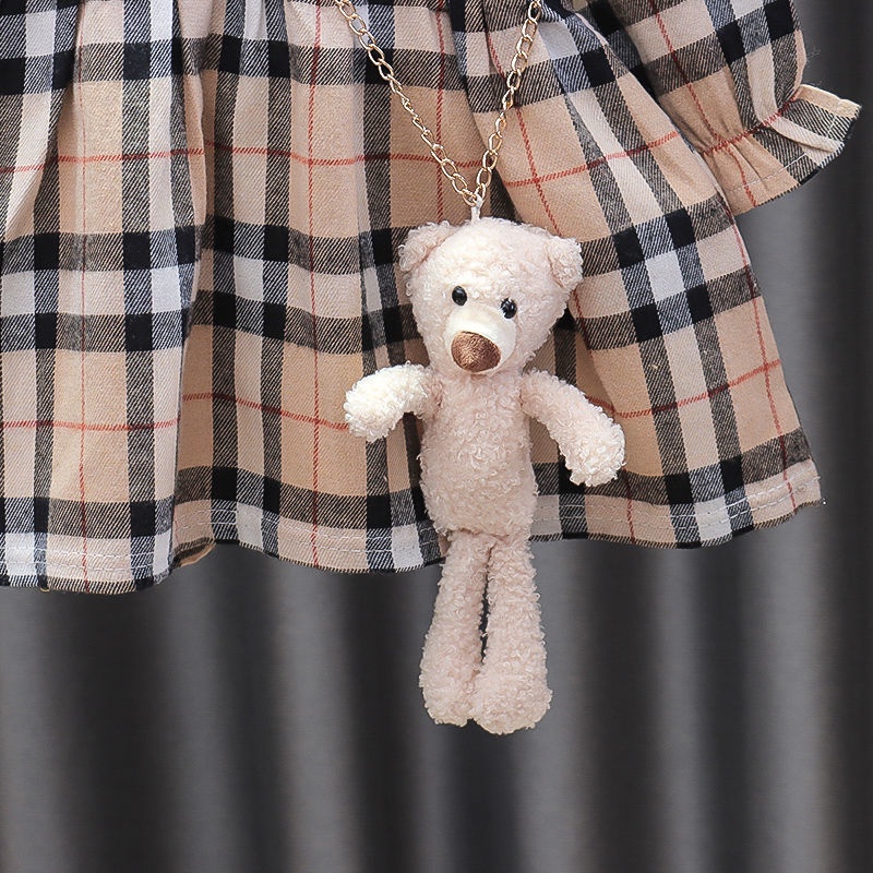 Đầm   tay dài cổ búp bê họa tiết sọc caro với gấu trang trí dành cho bé gái 0-4 tuổi