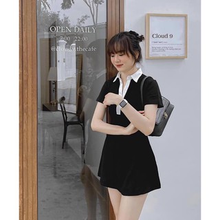 Đầm polo đen viền cổ trắng