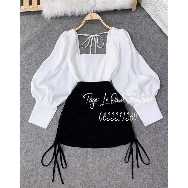 ❖♀☍Áo cổ vuông tay phồng thắt nơ sau dáng Croptop A46 | BigBuy360 - bigbuy360.vn