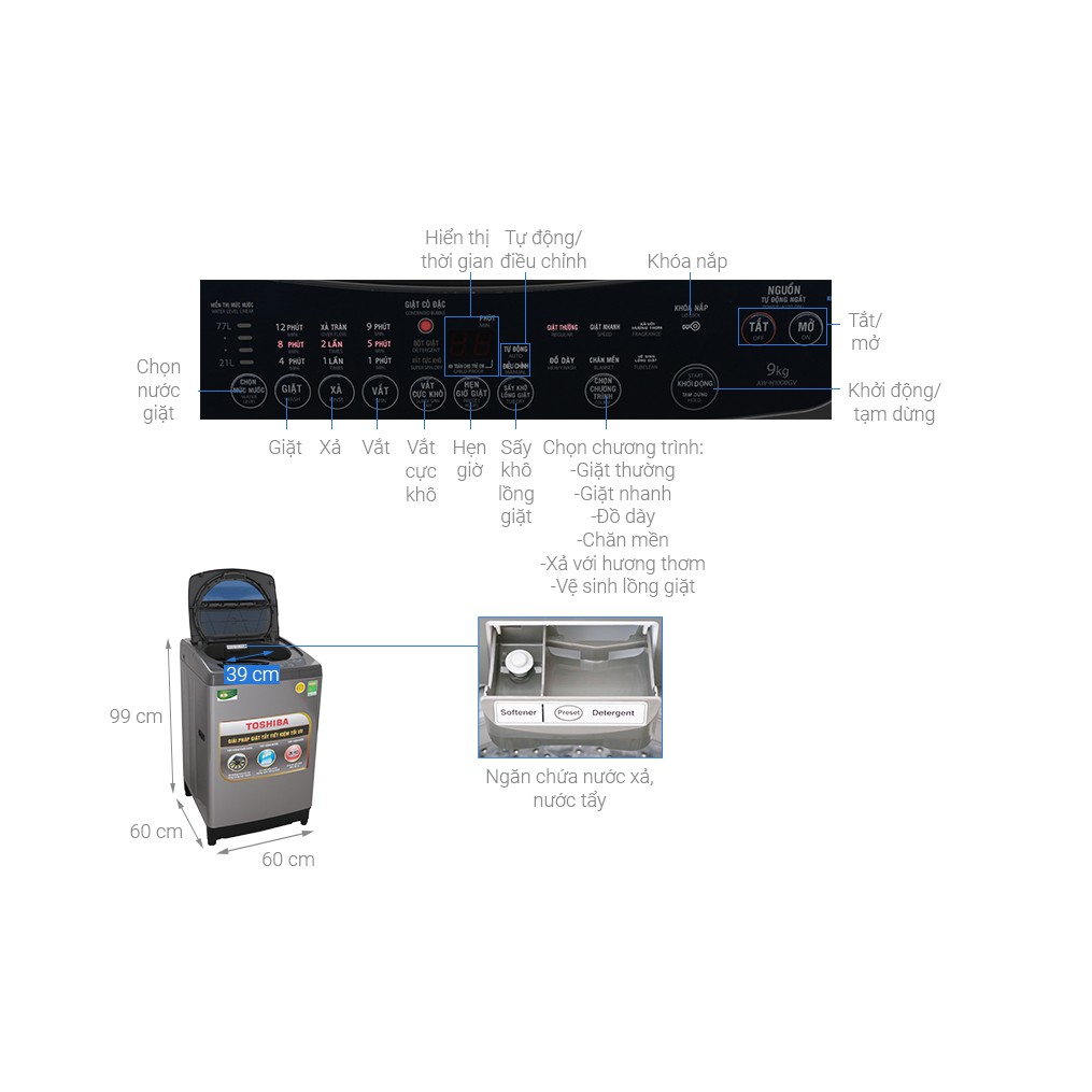 MÁY GIẶT TOSHIBA 9 KG AW-H1000GV(SB) (shop chỉ bán hàng trong tp hồ chí minh)