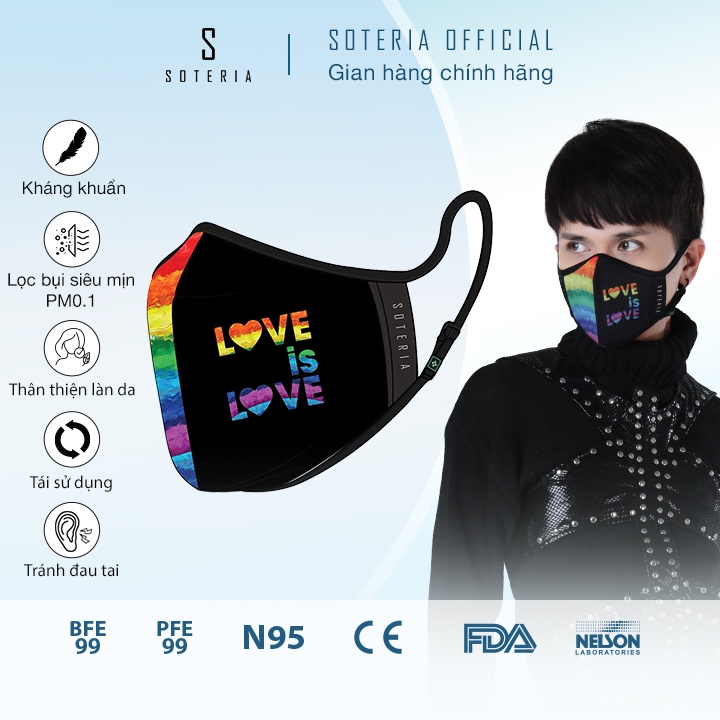 Khẩu trang tiêu chuẩn Quốc Tế SOTERIA Love Is Love ST288-Bộ lọc N95 BFE PFE 99 lọc đến 99% bụi mịn 0.1 micro-Size S,M,L