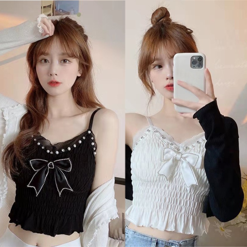 Áo Croptop Hai Dây Cổ Chữ V Thắt Nơ Phối Ngọc Trai Gợi Cảm Cho Nữ