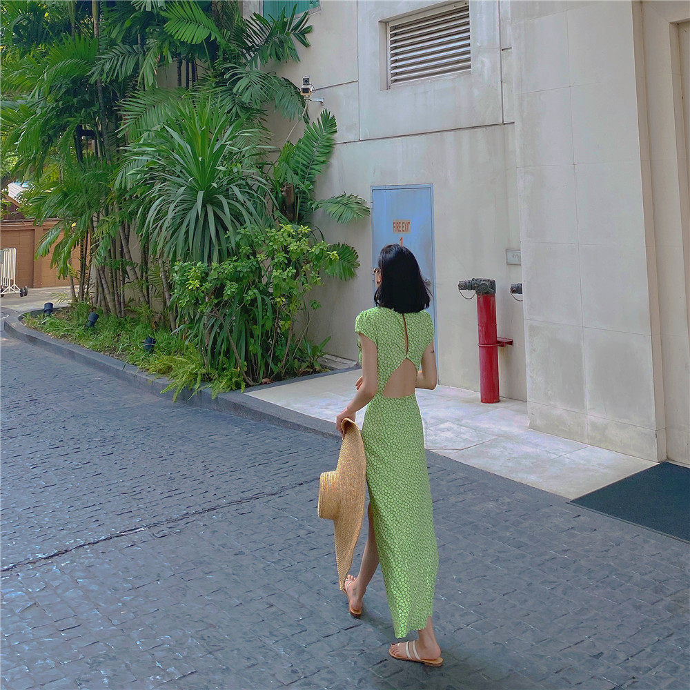 Trong bước đều | Đầm Hai Dây Dáng Dài Xẻ Tà In Họa Tiết Phong Cách Pháp Quyến Rũ Thời Trang Mùa Hè
