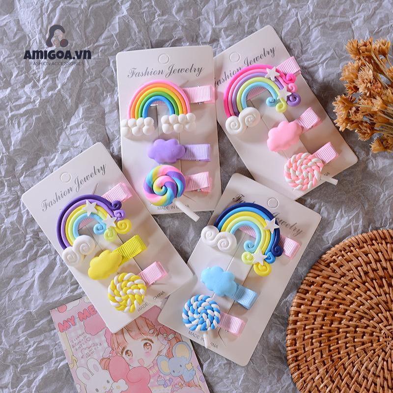 Kẹp Tóc Đất Sét Mềm Họa Tiết Cầu Vồng Dễ Thương Cho Trẻ Em