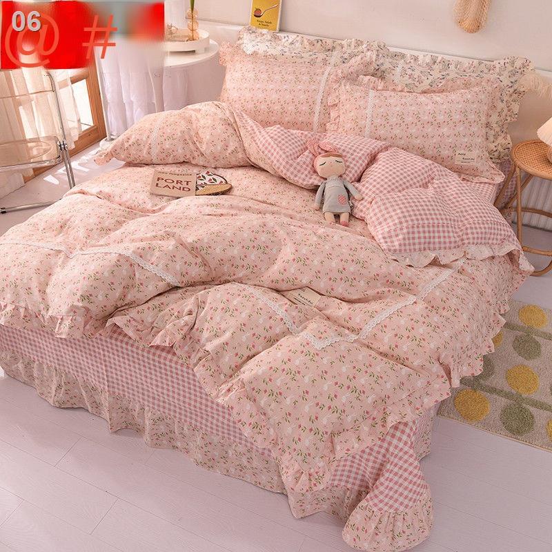 ♈✐Giường 4 mảnh cotton tinh khiết 100% Hàn Quốc cô gái trái tim Bộ trải chăn lông vũ đồ 3 phong cách Pastoral Princess