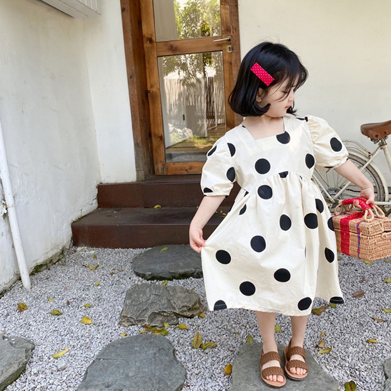 Đầm Bé Gái Chấm Bi Tay Phồng Phong Cách Hàn Quốc
