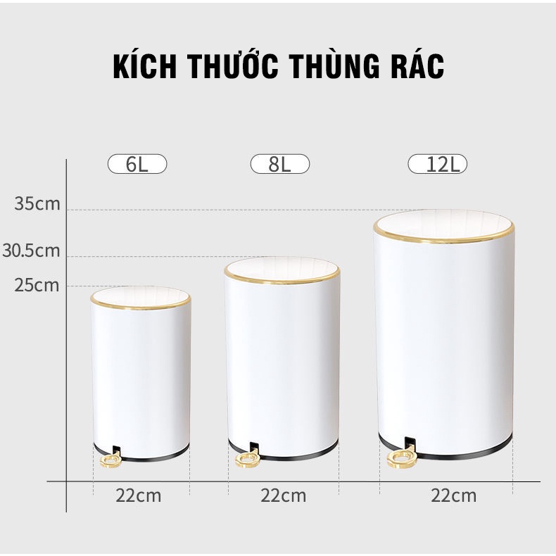 Thùng đựng rác inox tròn có nắp đậy và đạp chân cao cấp kèm giảm chấn và sáng bóng Vkit R12