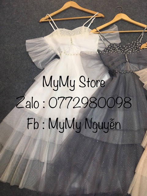 Đầm xoè xếp tầng trễ vai chất lưới nhũ láp lánh kết cườm ngực dày sang trọng TRIPBLE T DRESS -Size M/L - MS193V