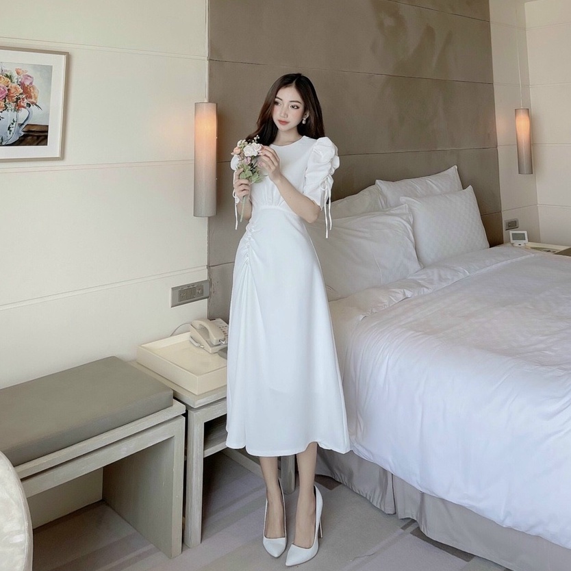 Đầm Tiểu Thư Cổ Tròn Tay Phòng Thắc Nơ Tùng Xòe Đính Ngọc  AKARA H040 Full Size