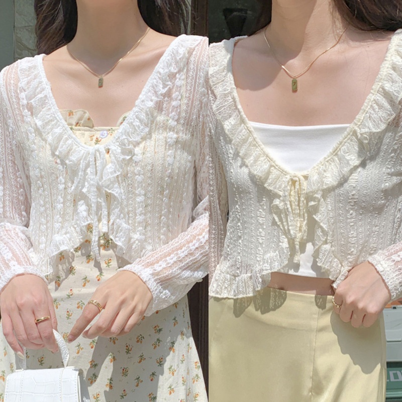 Áo Khoác Cardigan Ren Lưới Tay Dài Thắt Nút Trước Họa Tiết Kẻ Sọc Thời Trang Mùa Hè Cho Nữ