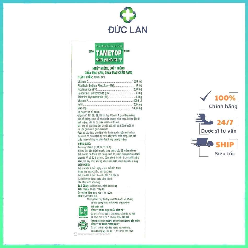 SIRO TAMETOP LỌ 100ML – HỖ TRỢ NHIỆT MIỆNG TRẺ EM.