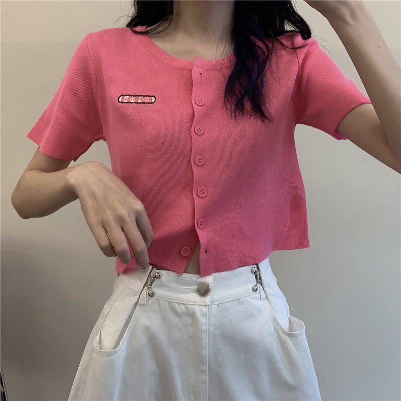 Áo cardigan ZHELIHANGFEI dệt kim ôm dáng tay ngắn phối một hàng nút thời trang