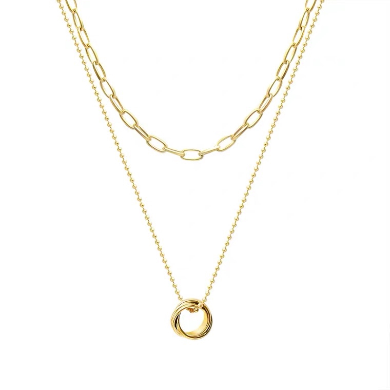 Dây chuyền hai lớp bằng thép titan mạ vàng hồng 18k thời trang độc đáo