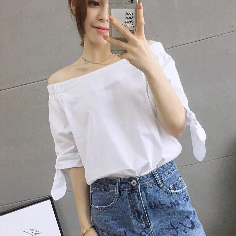 Áo sơ mi trắng lệch vai HMC040 NV cotton