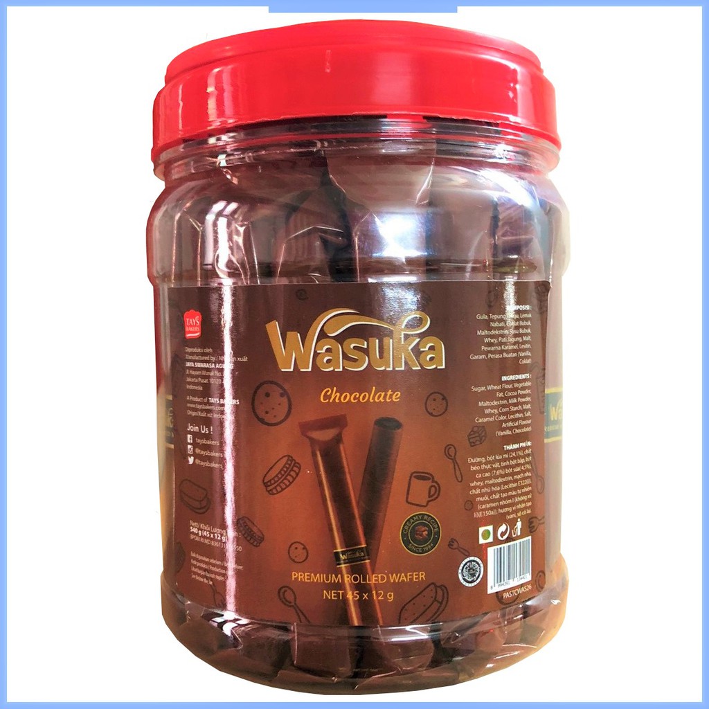 Bánh Quế Wasuka Nhân Kem Socola 540g (Hũ 45 cây)