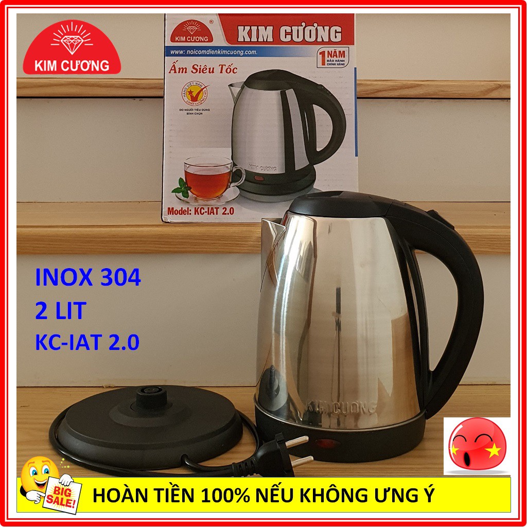 ấm đun nước siêu tốc 2 Lít Inox Kim Cương KC-IAT-2.0