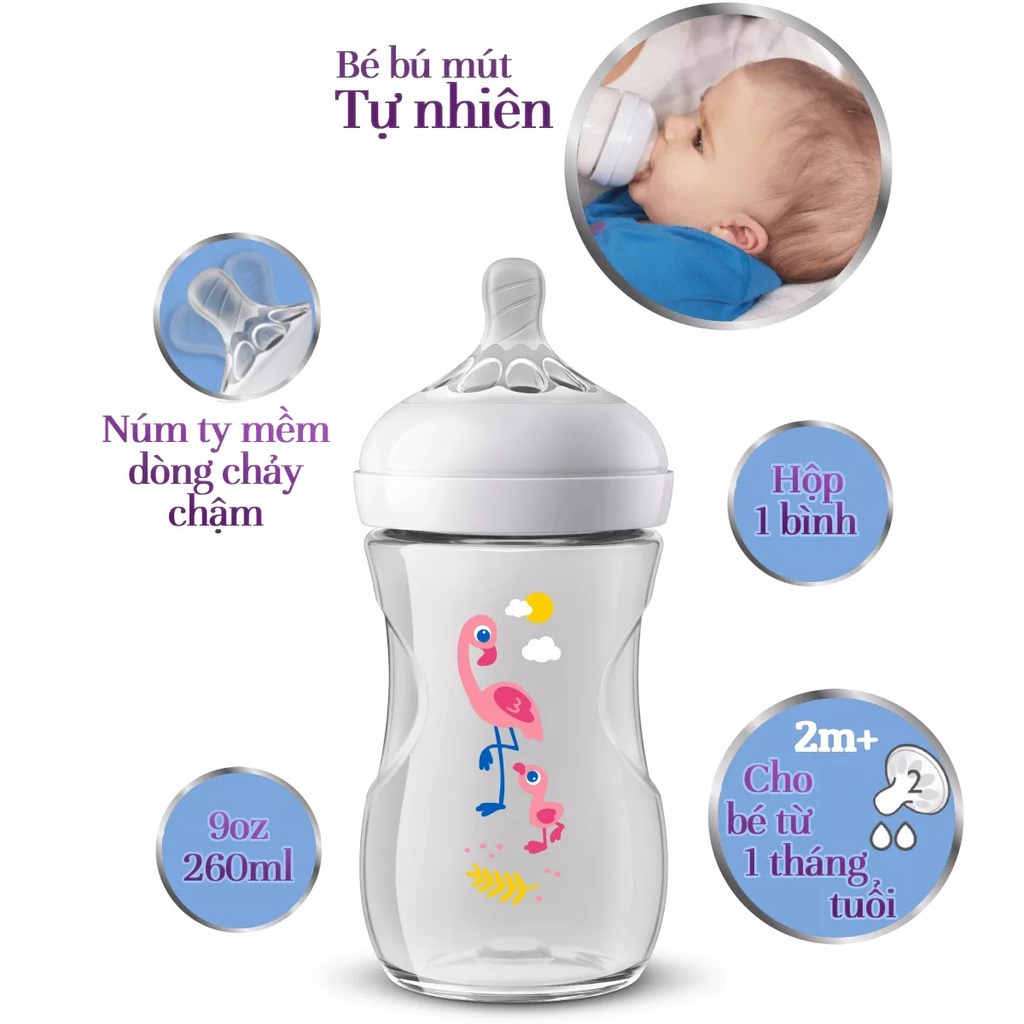 Bình sữa mô phỏng tự nhiên Flamingo 260ml - đơn SCF627/41