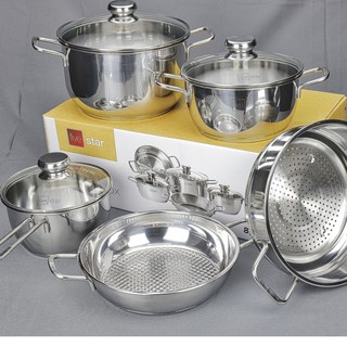 Bộ 5 nồi inox đáy 3 lớp fivestar vung kính ( xửng hấp, nồi, chảo) bảo hành 5 năm (tsale sốc)