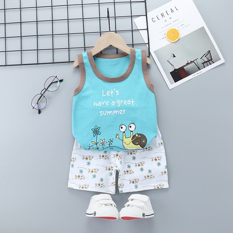 Bộ Áo Sơ Mi Không Tay + Quần Short Cotton Thời Trang Cho Bé