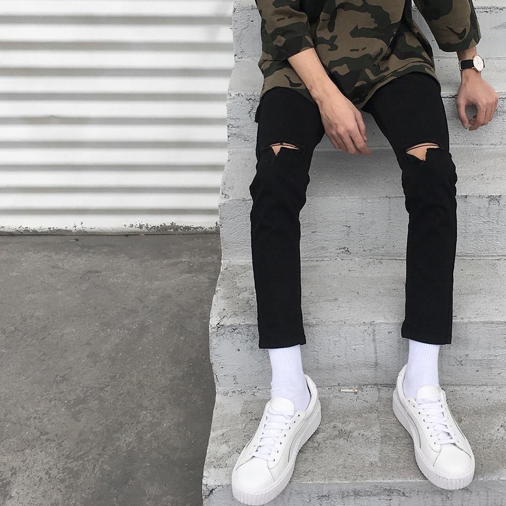 [Co GIãn+Không Phai Màu]Quần Jean Rách Gối Nam Màu Đen Vải Không Phai Màu, Co Giãn Dáng Skinny Phong Cách Hàn Quốc-J04 | BigBuy360 - bigbuy360.vn