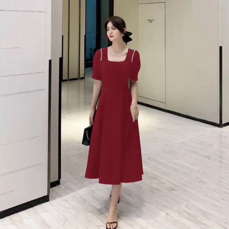 Đầm chữ A RENJIANVSHENG 153011 tay ngắn kiểu Hepburn dài qua gối cổ vuông cỡ lớn thiết kế thanh lịch thời trang cho nữ
