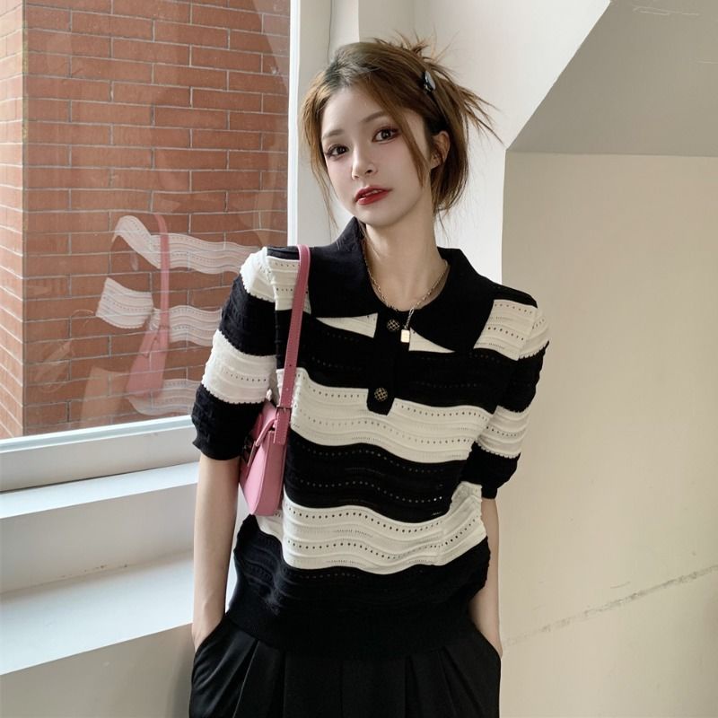 Áo Thun Polo Dệt Kim Ngắn Tay Họa Tiết Gợn Sóng Kiểu Pháp Thời Trang Mùa Hè Cho Nữ