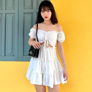 Set váy trắng trễ vai chun ngực hở bụng hàng thiết kế cực hot [ảnh thật]
