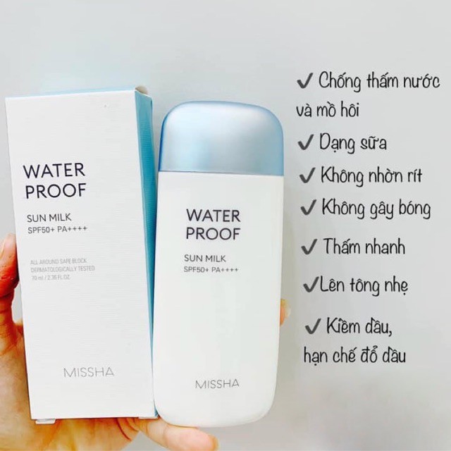 Kem Chống Nắng MISSHA 🌸 FREESHIP 🌸 Chống Nắng Waterproof Sun Milk SPF50+ (xanh)