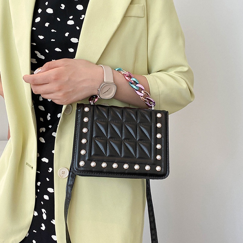 Túi xách đeo vai IELGY hình vuông cỡ nhỏ phối dây đeo sợi xích phong cách phương Tây thời trang cho nữ