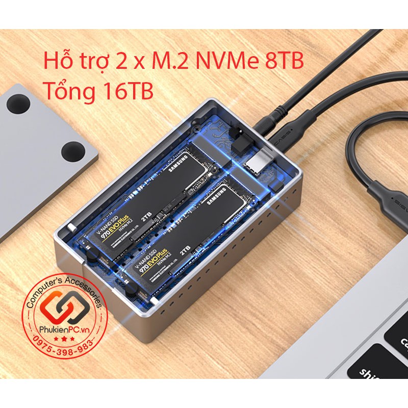 Box đọc 2 SSD M.2 NVMe 10Gbps, có chức năng nhân bản-clone không cần máy tính, quạt tản nhiệt đi kèm.