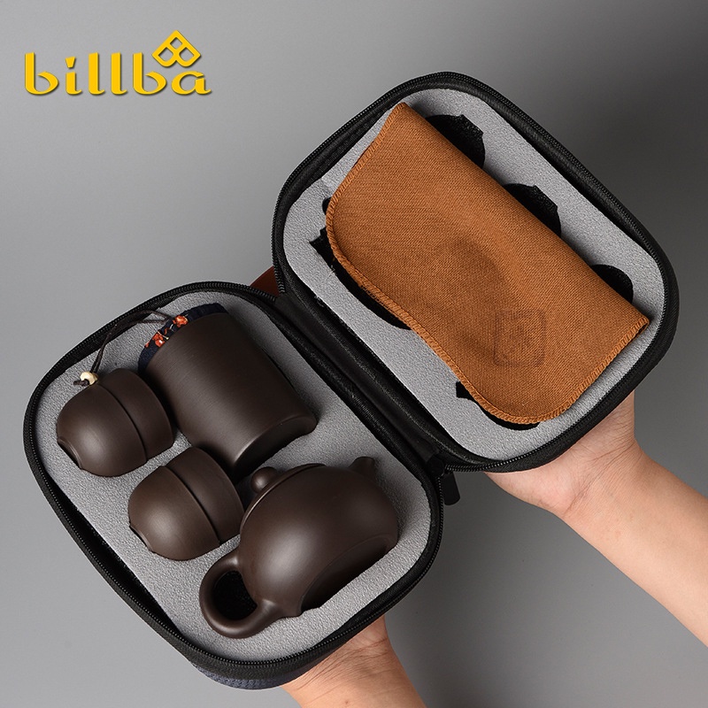 Bộ ấm trà tử sa có 4 chén và hộp chuyên dùng xách tay đi du lịch dã ngoại cắm trại -Billba camping