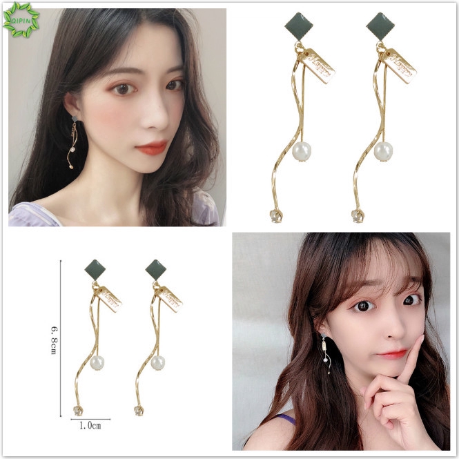 Bông tai dạng xỏ kim loại phối tua rua lượn sóng đính đá kiểu dáng đơn giản thời trang