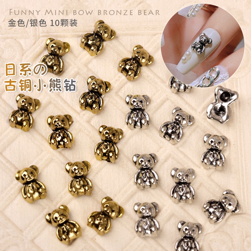 Set 10 Charm gấu kim loại, charm gấu đính móng