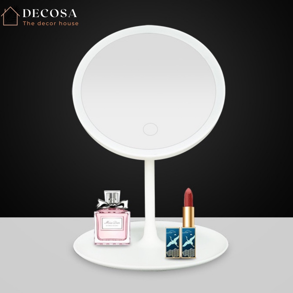 Gương đèn led trang điểm để bàn cảm ứng 3 màu pin sạc DECOSA