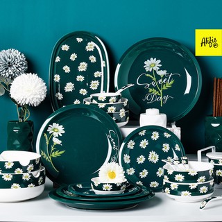 Đĩa & bộ 3 lọ gia vị họa tiết cúc họa mi nền xanh phong cách cổ điển, dùng đựng đồ ăn và trang trí - HÀNG CÓ SẴN