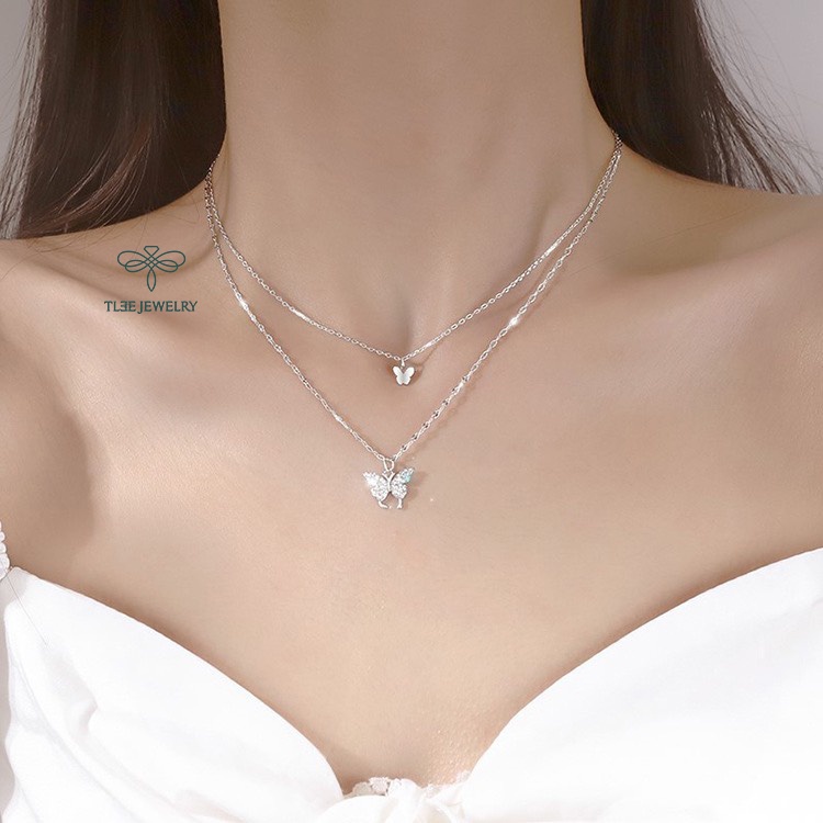 Dây chuyền bạc nữ TLEE kép mặt hồ điêp nạm đá sang trọng TleeJewelry D0110