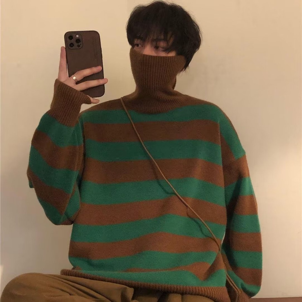 Áo Sweater Dệt Kim Cổ Lọ Thời Trang Thu Đông Cho Các Cặp Đôi áo sweater form rộng dài tay áo sweater nỉ simple sọc Hàn Quốc áo len nam fashion unisex