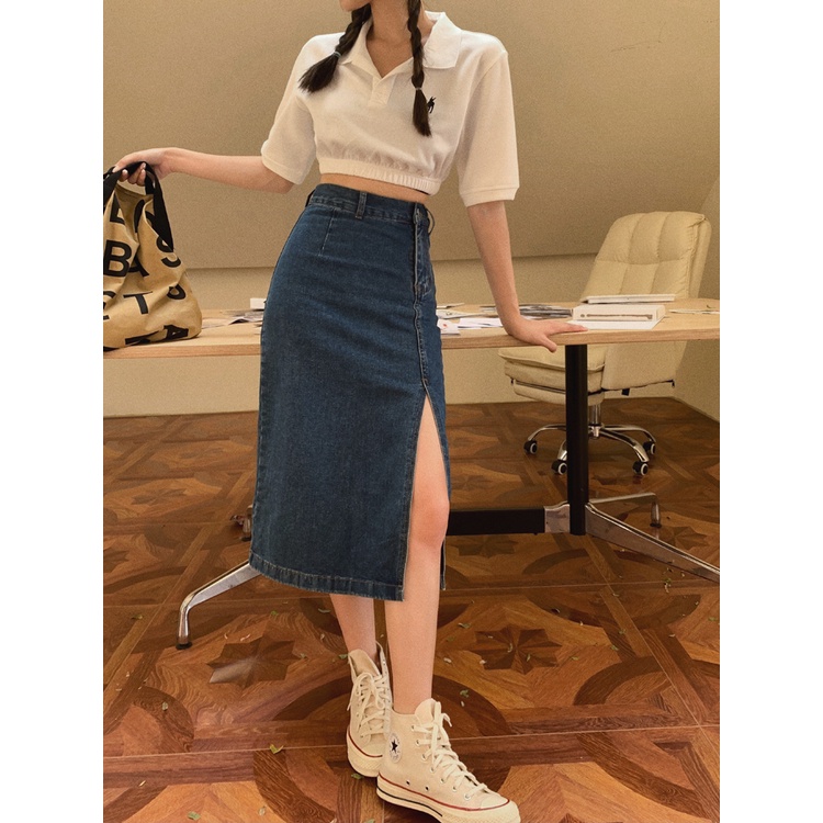 Chân Váy Denim Xanh Dương Xẻ Tà Lưng Cao Vừa Vặn 43784