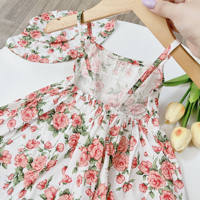 Váy bé gái 2 dây hoa nhí kèm mũ đội 4 mầu XHN1019