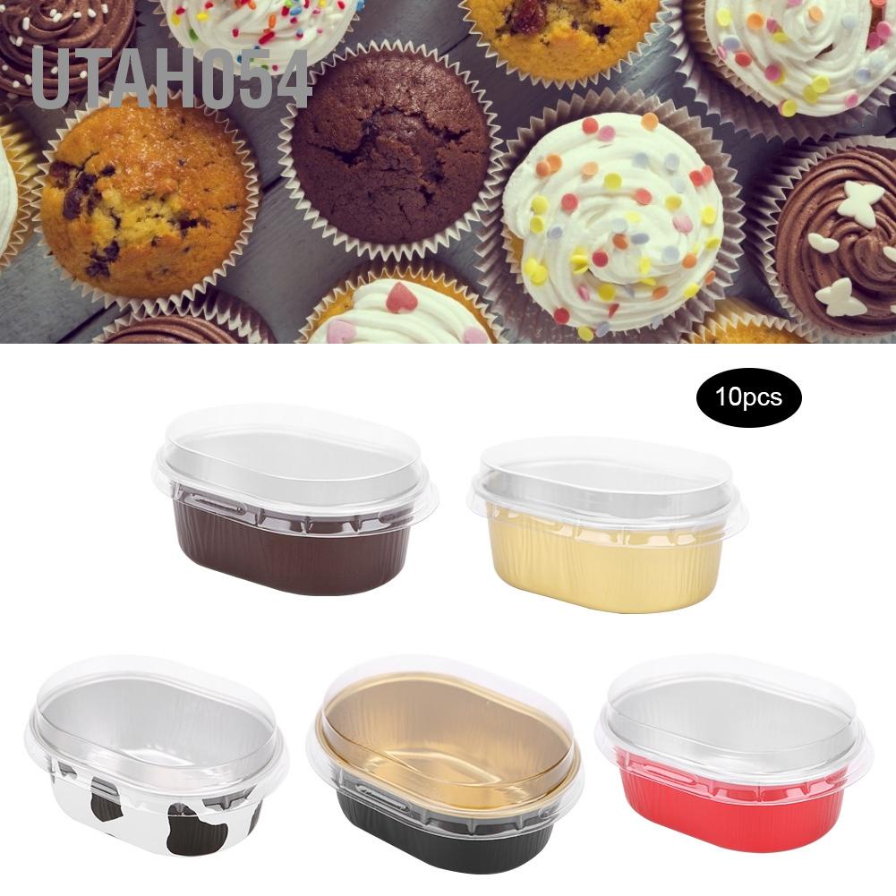 Utah054 10Pcs Disposable Oval&amp;#8209;Shaped Aluminum Foil Cake Baking Cup Mold with Lid Kitchen Accessory