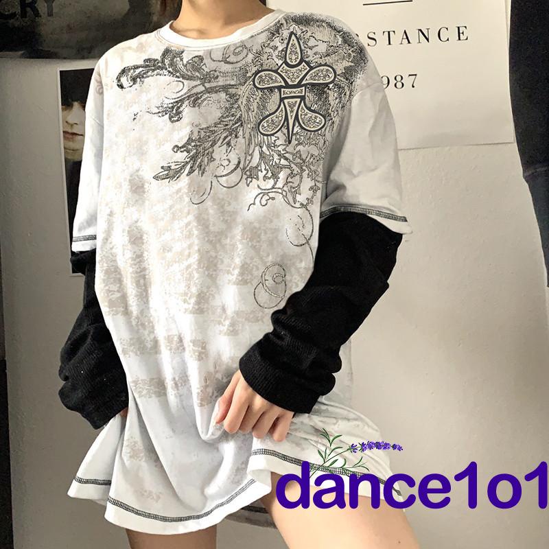 Áo thun nữ cổ tròn dài tay in hoa Y2k