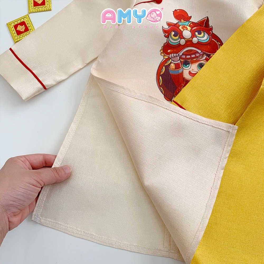 Áo dài bé trai set đồ Tết cho bé trai kèm quần lanh đen AMYO 11.BAD03.02-2