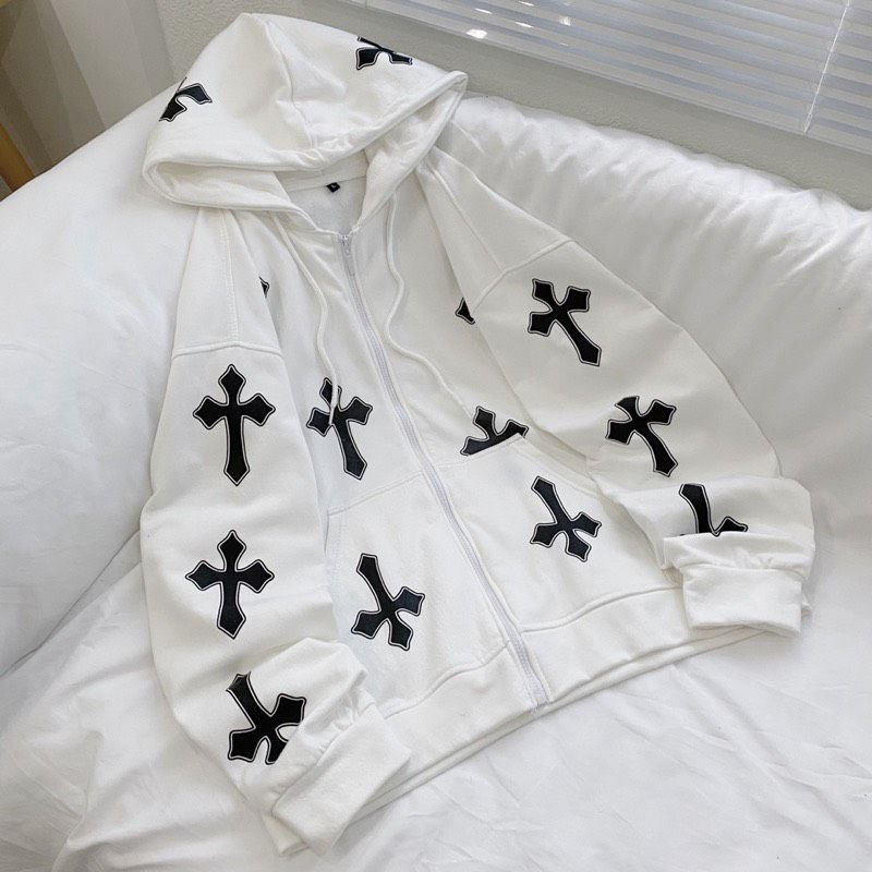 Áo Hoodie Khoá Kéo Chữ Thập Tay Bồng Unisex , Form Rộng Tay Phồng Ulzzang Hot Hit